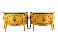 A Pair of Louis XV Style Polychrome Painted Bombé Commodes
