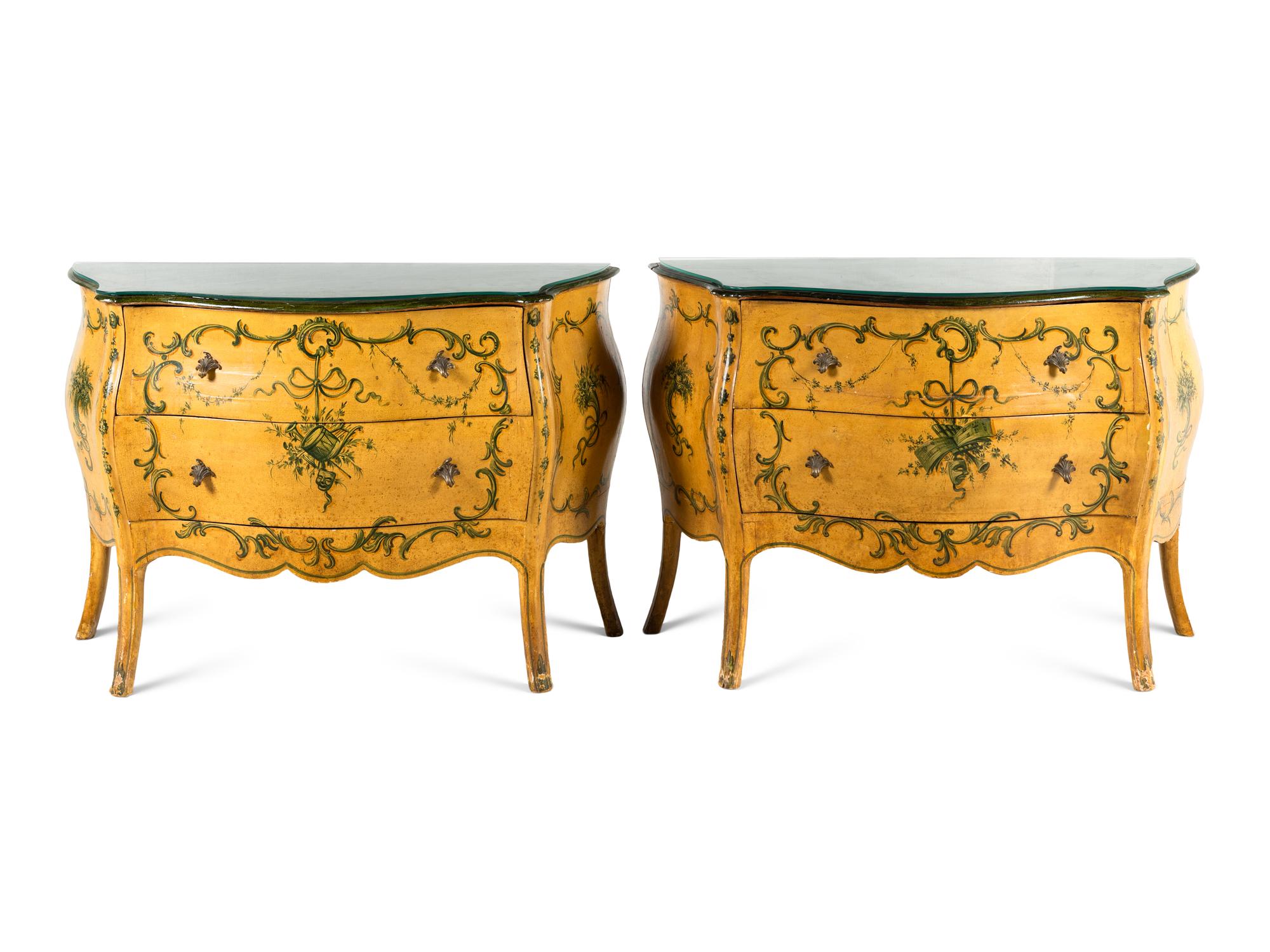 A Pair of Louis XV Style Polychrome Painted Bombé Commodes
