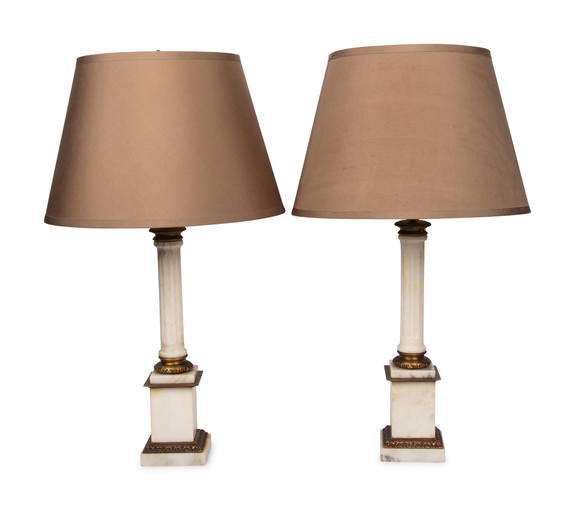 A Pair of Gilt Metal and Marble Columnar Lamps