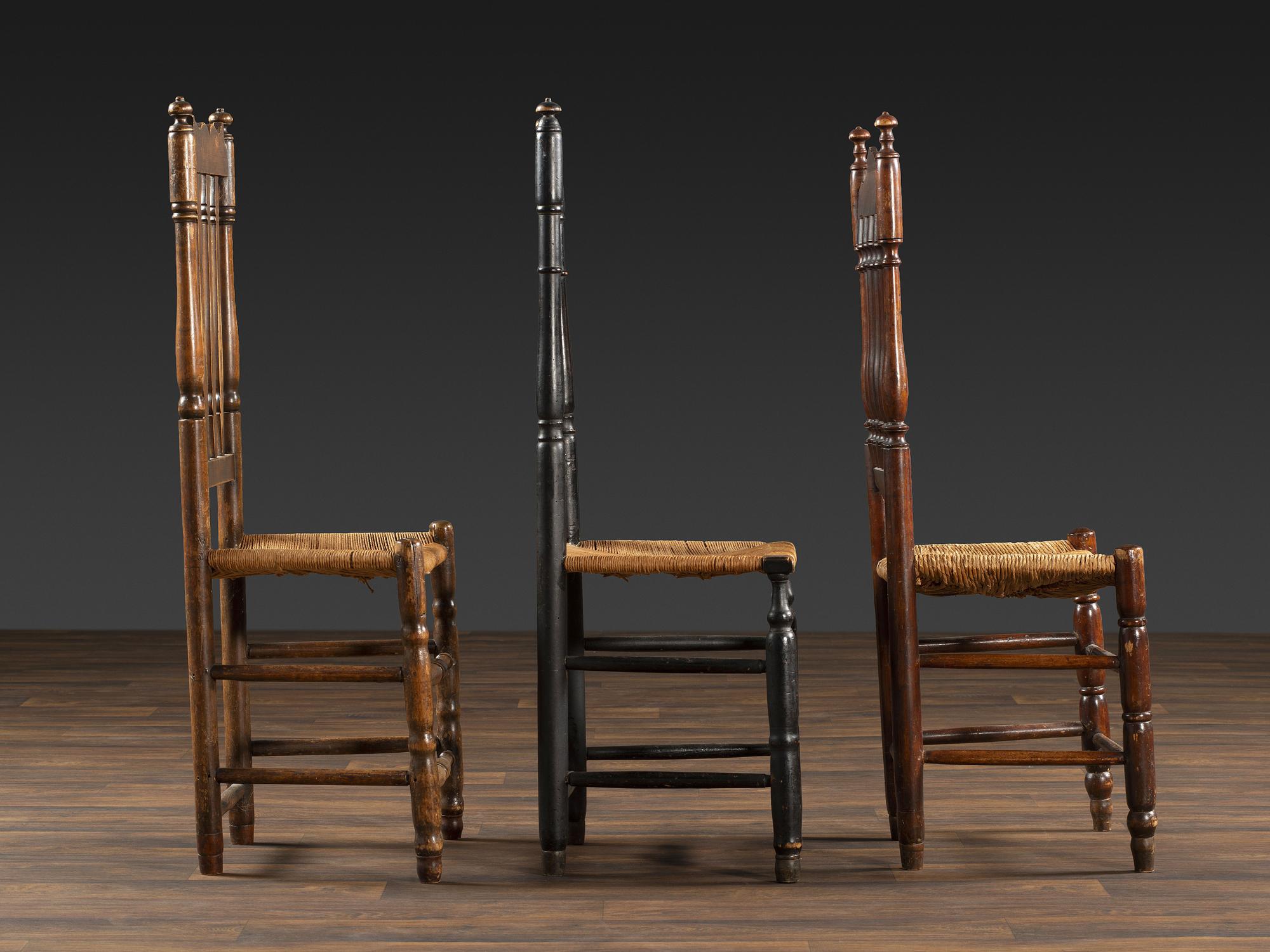Three William and Mary Bannister Back Rush Seat Side Chairs