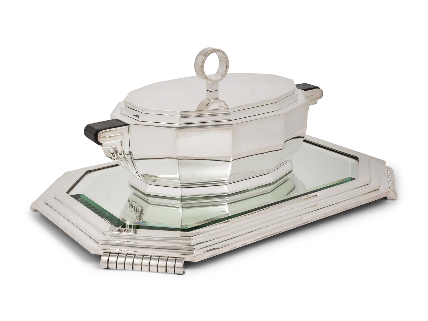 A French Art Deco Silver-Plate Tureen and Mirrored Plateau