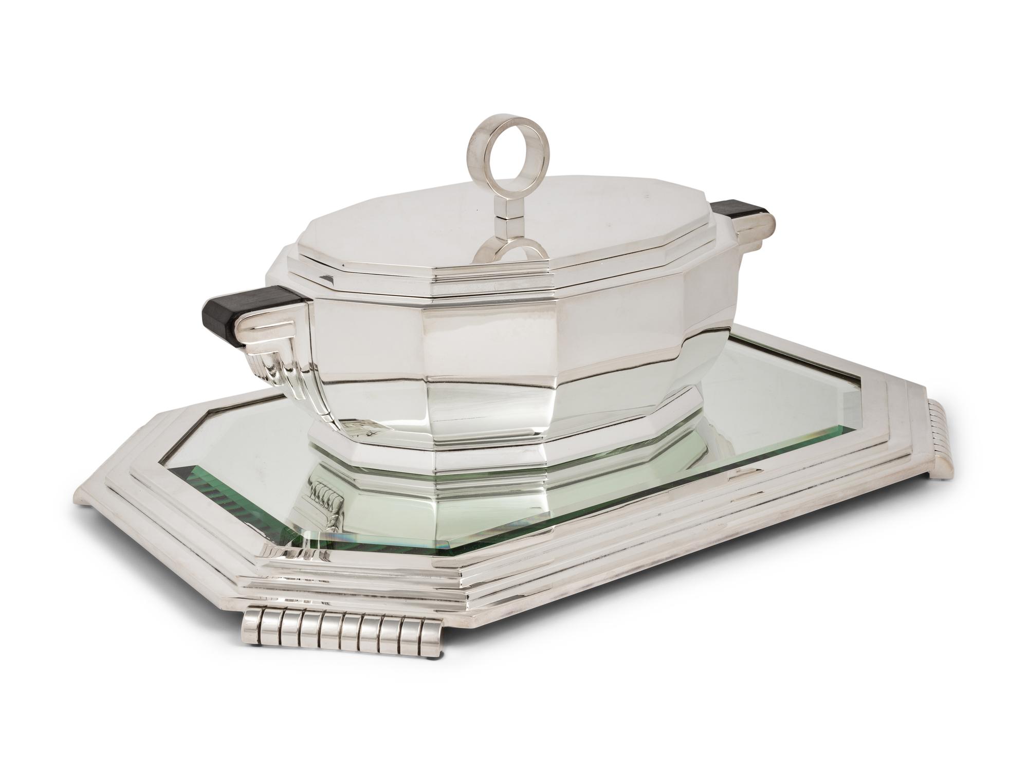 A French Art Deco Silver-Plate Tureen and Mirrored Plateau