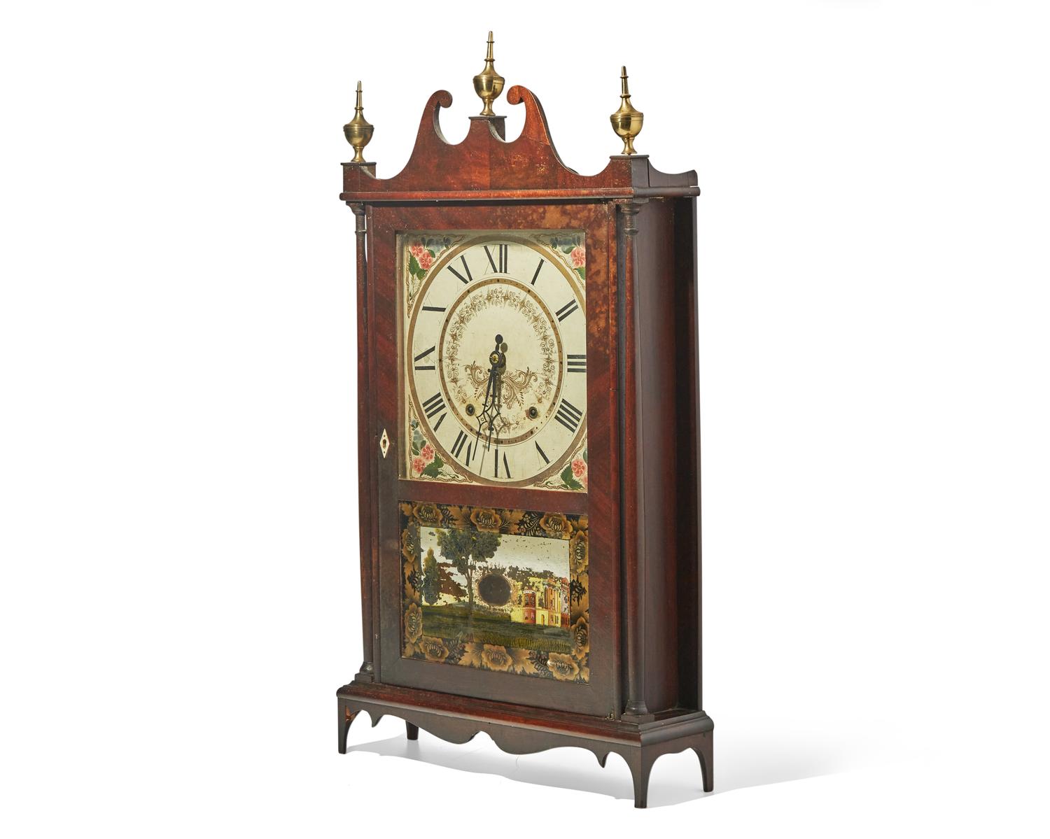 A Federal mahogany pillar and scroll mantel clock, patented by Eli Terry, made by Seth Thomas, Plymouth, CT, circa 1820