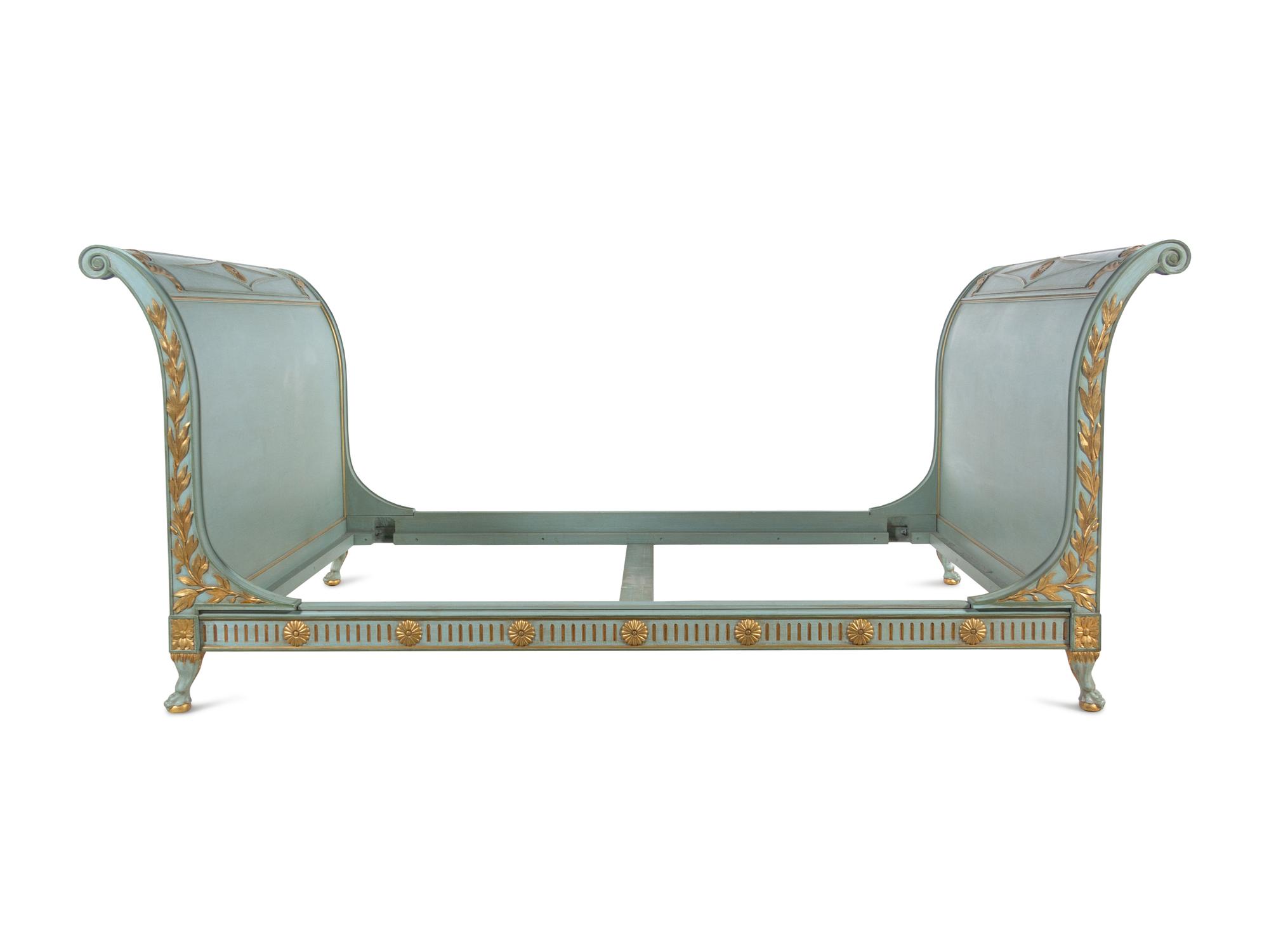 A Custom Directoire Style Blue-Painted and Parcel Gilt Double-Size Bed