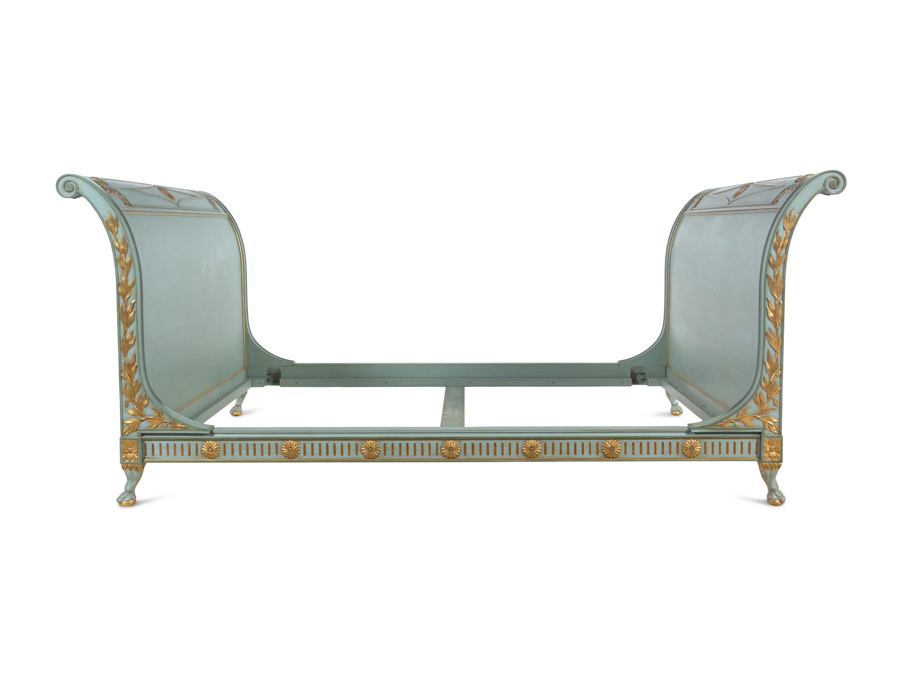A Custom Directoire Style Blue-Painted and Parcel Gilt Double-Size Bed