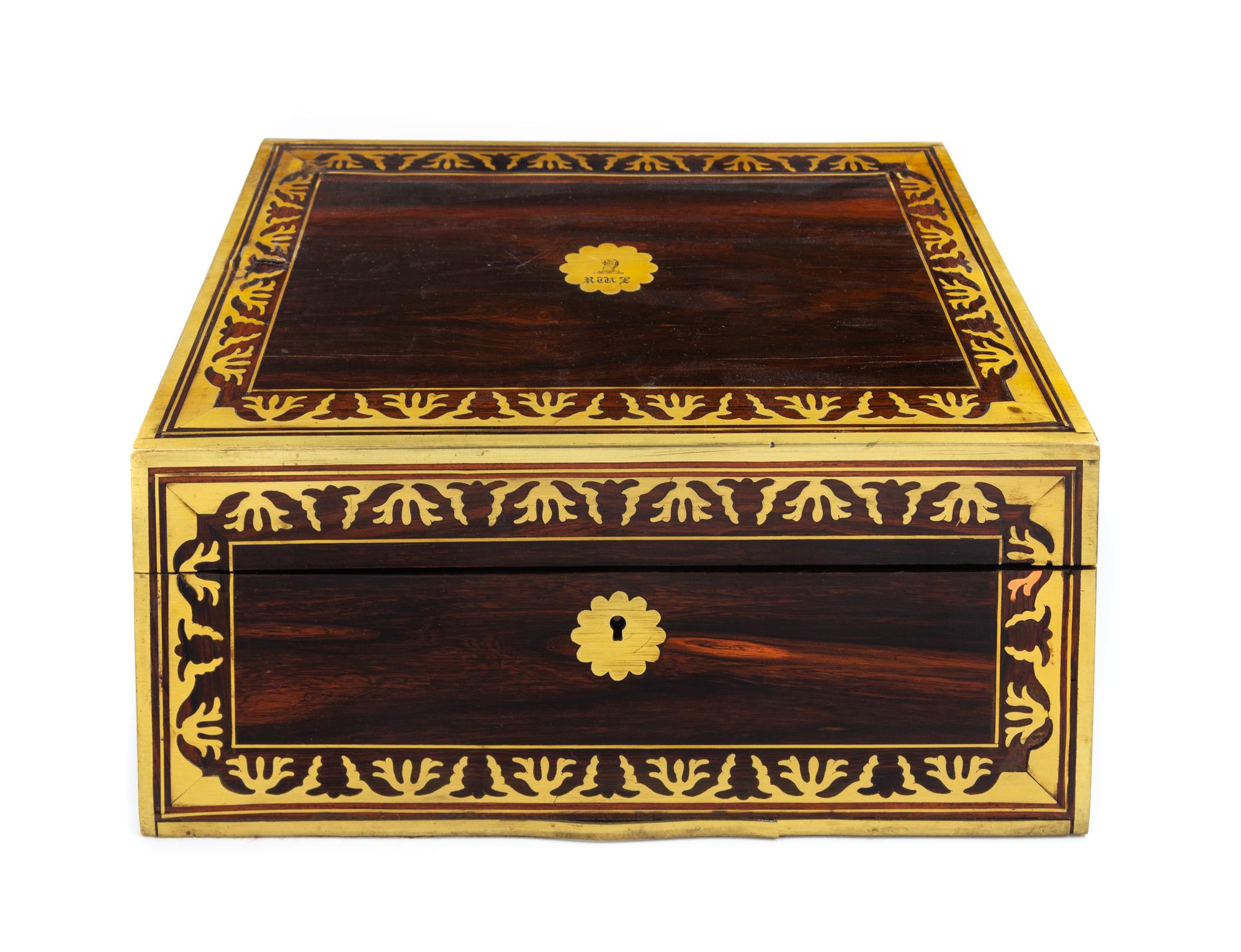 A Regency Brass Mounted Calamander Cased Toiletry Set Height 5 1/2 x width 12 3/4 x depth 9 1/4 inches. — FIRST HALF 19TH CENTURY