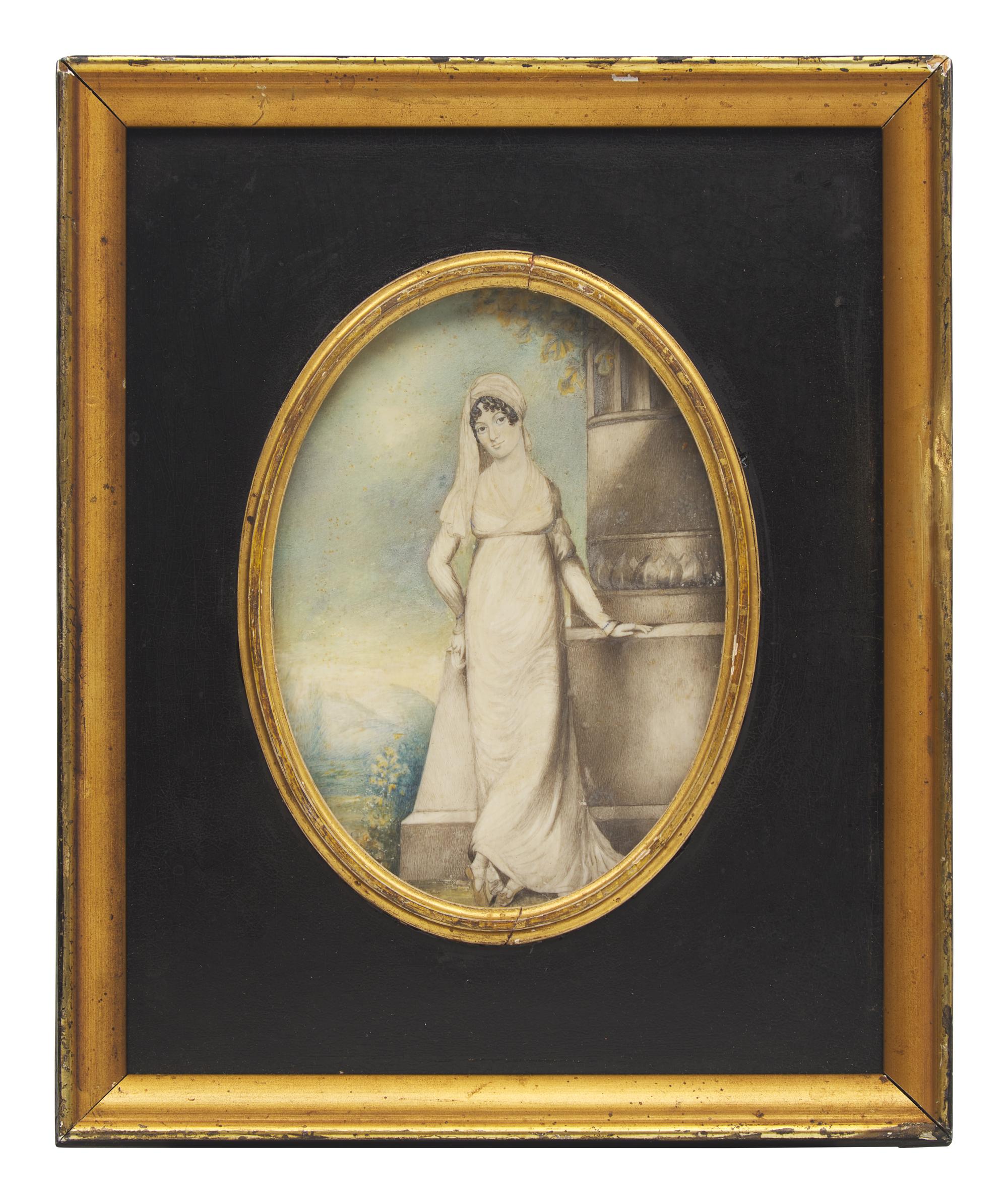 English School 19th Century, A Portrait Miniature of a Lady Against a Memorial