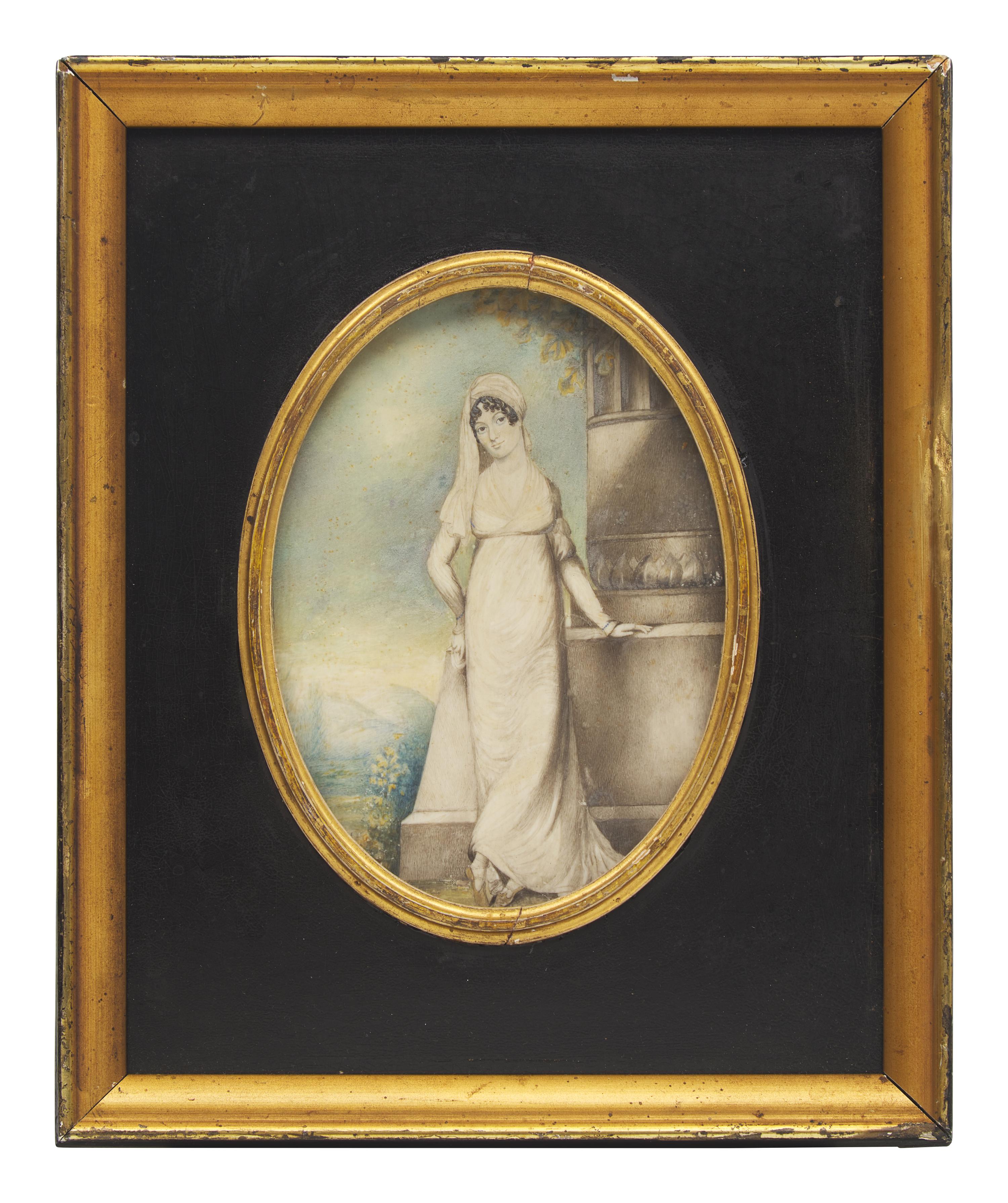 English School 19th Century, A Portrait Miniature of a Lady Against a Memorial