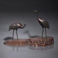A Japanese Patinated Bronze 'Cranes' Figural Group, Hidenao, Meiji Period — 日本明治時代 銅鶴一對