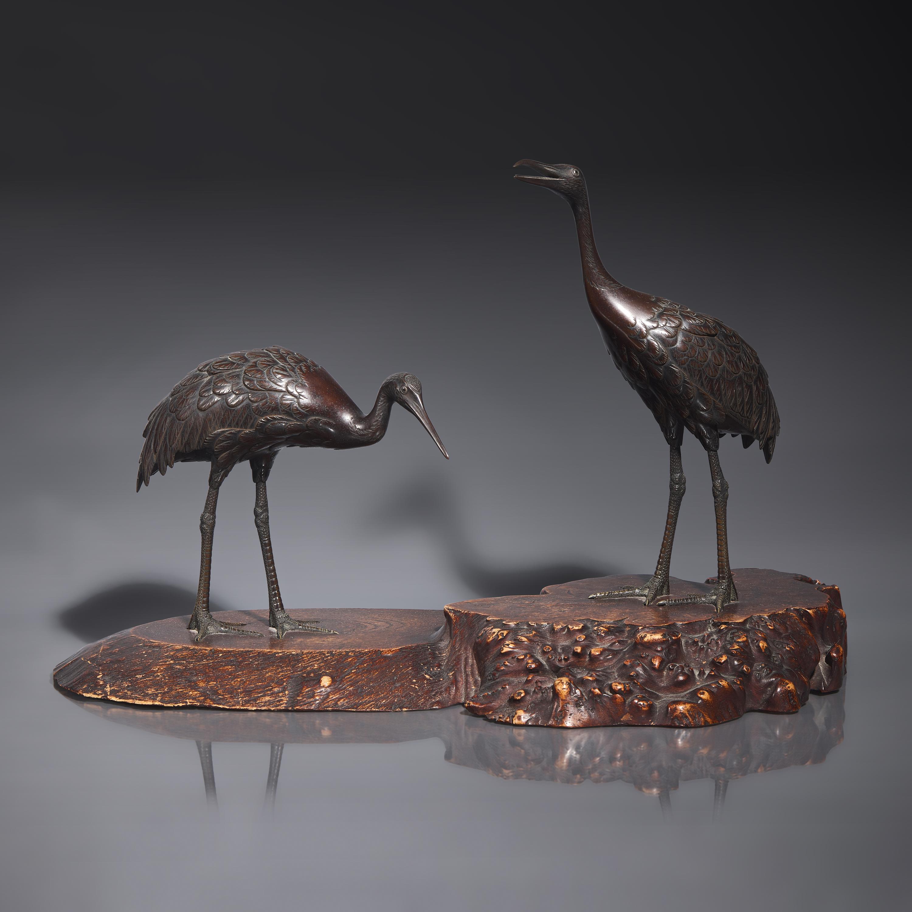 A Japanese Patinated Bronze 'Cranes' Figural Group, Hidenao, Meiji Period — 日本明治時代 銅鶴一對
