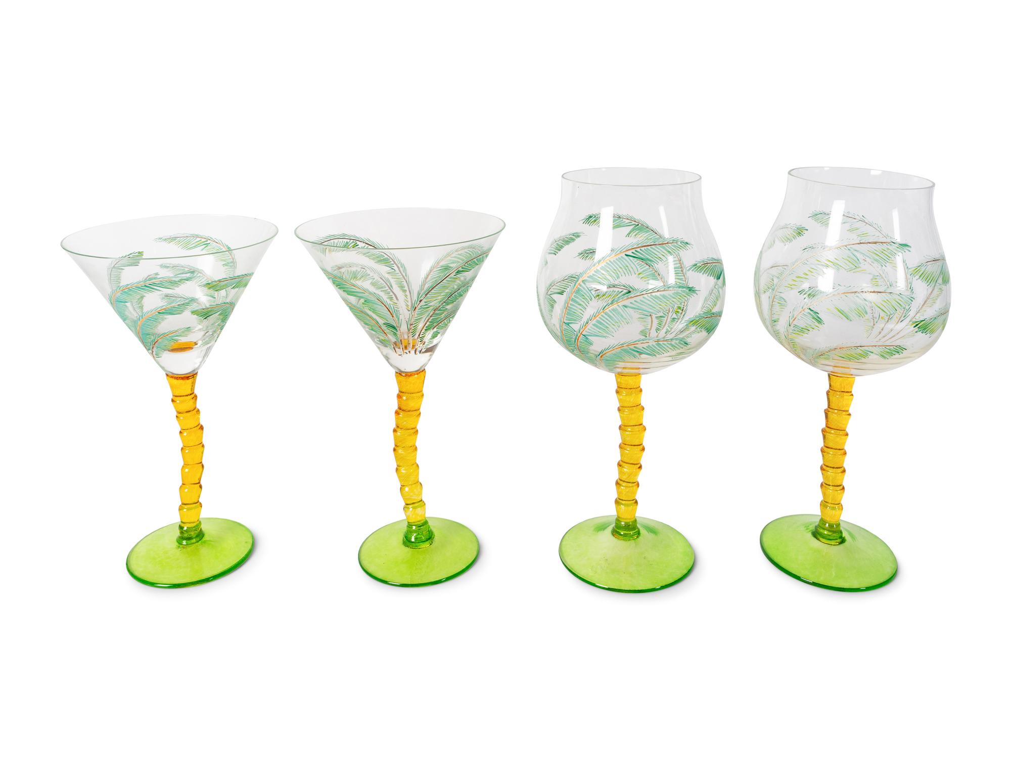 A Contemporary Engraved and Enameled Glass Palm Tree Part Stemware Service — 20TH CENTURY