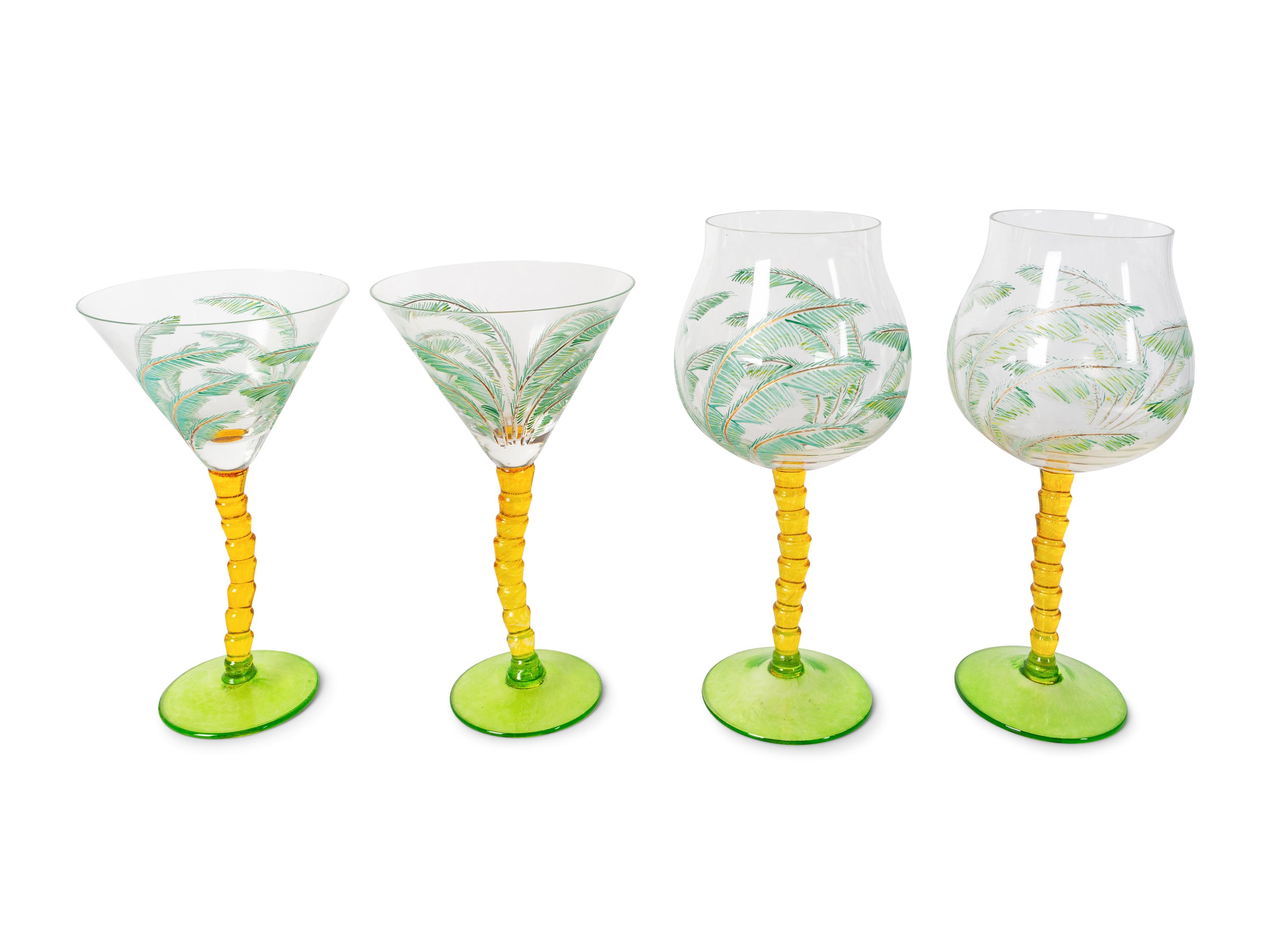 A Contemporary Engraved and Enameled Glass Palm Tree Part Stemware Service — 20TH CENTURY