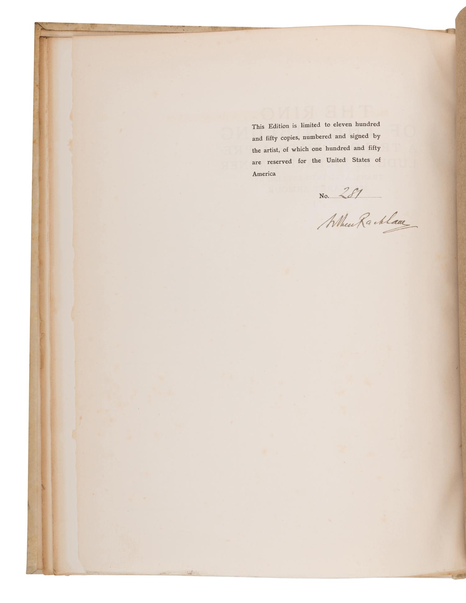 [RACKHAM, Arthur (1867-1939), illustrator]. WAGNER, Richard (1813-1883). [The Ring of the Niblung]. The Rhinegold & the Valkyrie . -- Siegfried & the Twilight of the Gods . Margaret Armour, translator. London and New York: William Heinemann and Doubleday Page & Co., 1910, 1911.
