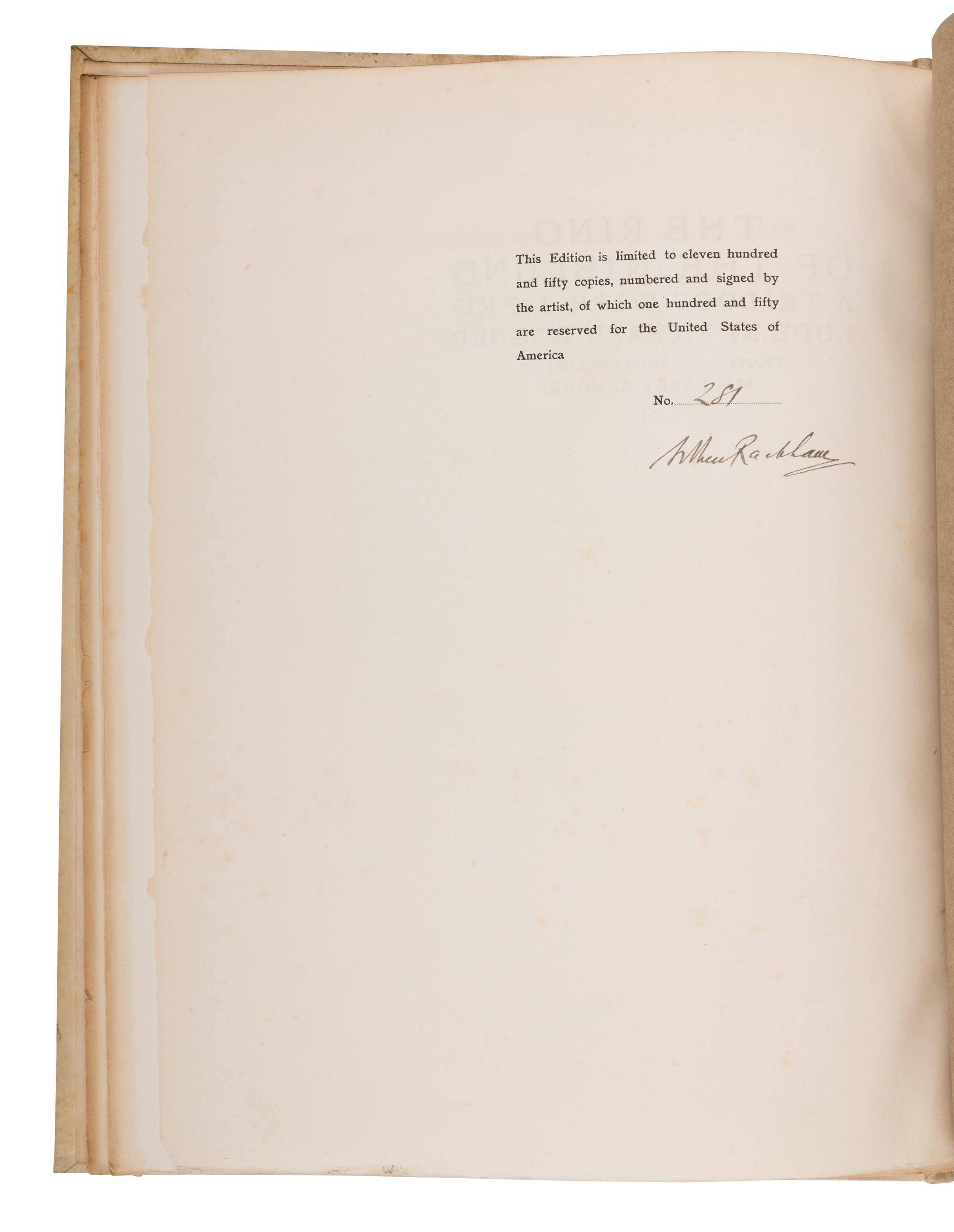 [RACKHAM, Arthur (1867-1939), illustrator]. WAGNER, Richard (1813-1883). [The Ring of the Niblung]. The Rhinegold & the Valkyrie . -- Siegfried & the Twilight of the Gods . Margaret Armour, translator. London and New York: William Heinemann and Doubleday Page & Co., 1910, 1911.