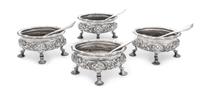 A Set of Four George II Silver Salt Cellars, David Hennell, London, 1750, each having an undulating gadroon rim, the bodies worked with