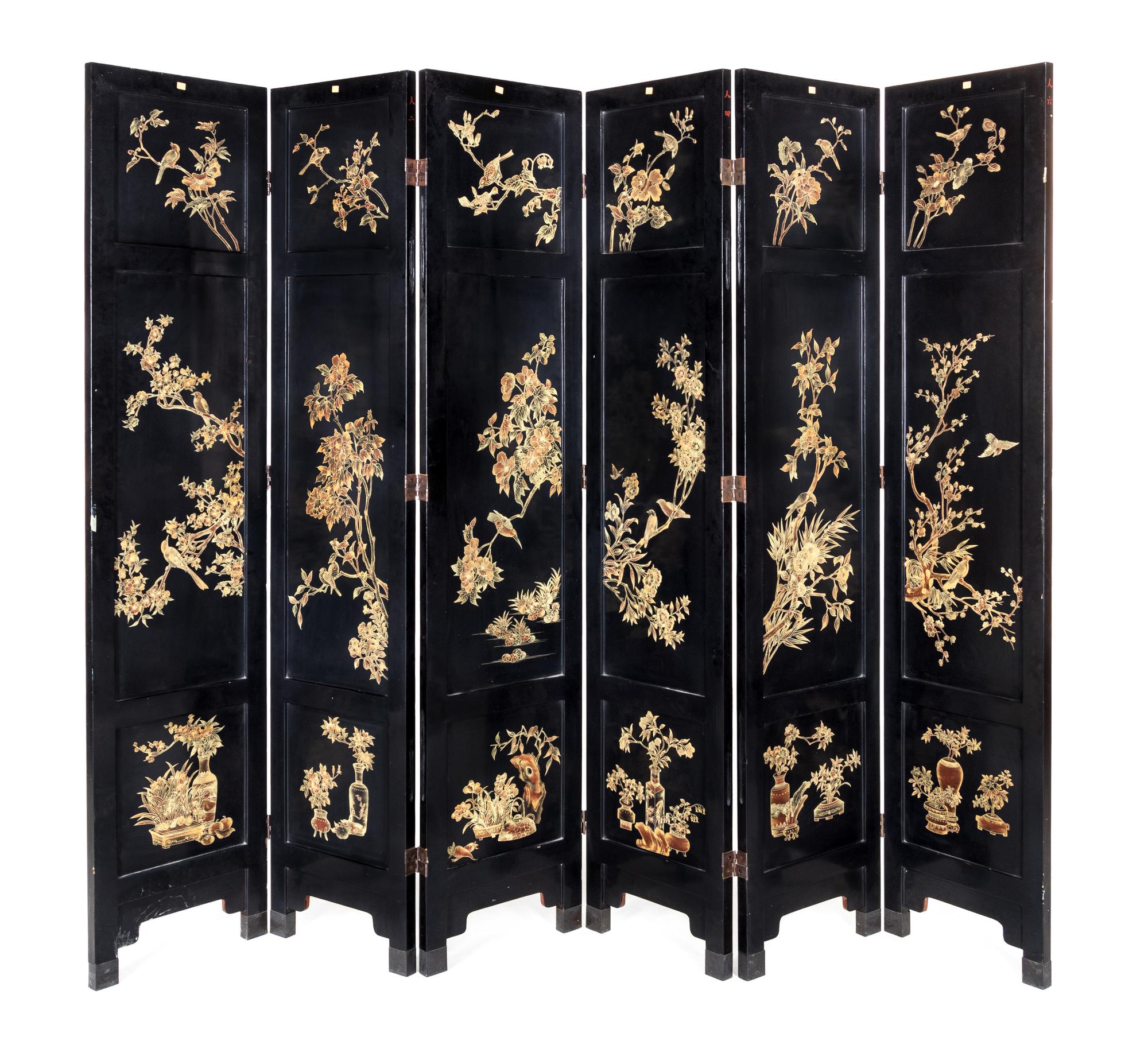 A Hardstone Inset Red and Black Lacquered Floor Screen, 20th Century 近代 朱漆嵌玉六扇屏