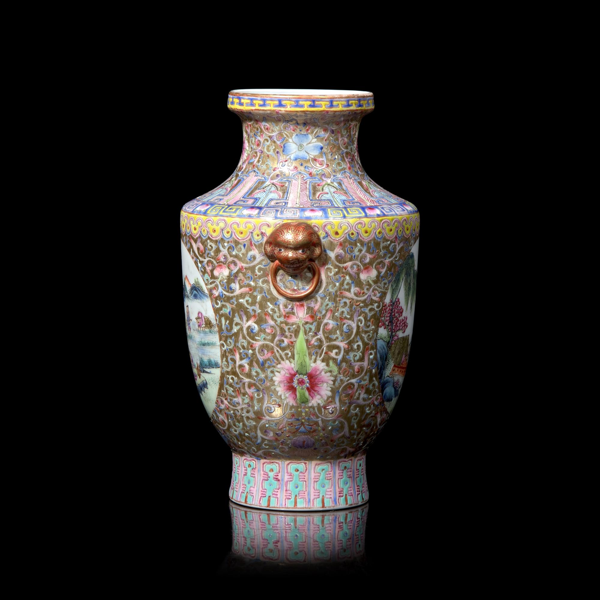 A Chinese Famille Rose ‘Figures in a Landscape’ Vase, Republic Period 民國 黃地粉彩開光人物山水圖瓶