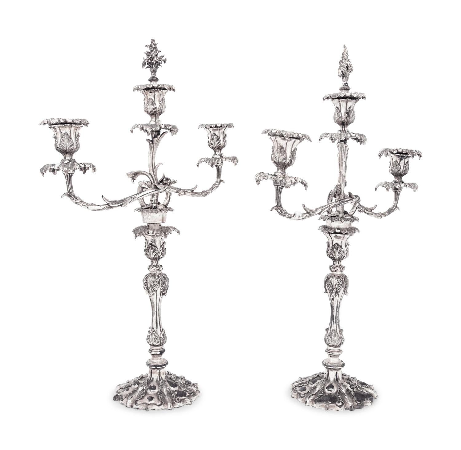 A Pair of English Silver-Plate Three-Light Candelabra
