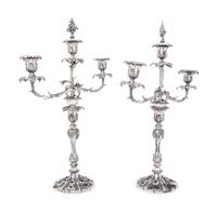 A Pair of English Silver-Plate Three-Light Candelabra