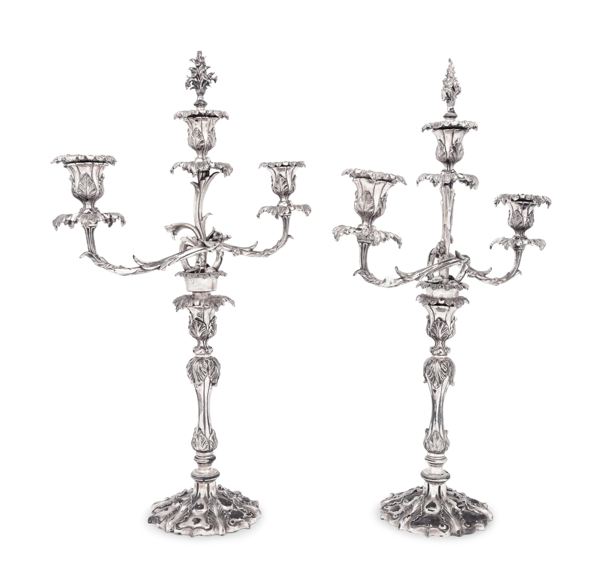 A Pair of English Silver-Plate Three-Light Candelabra