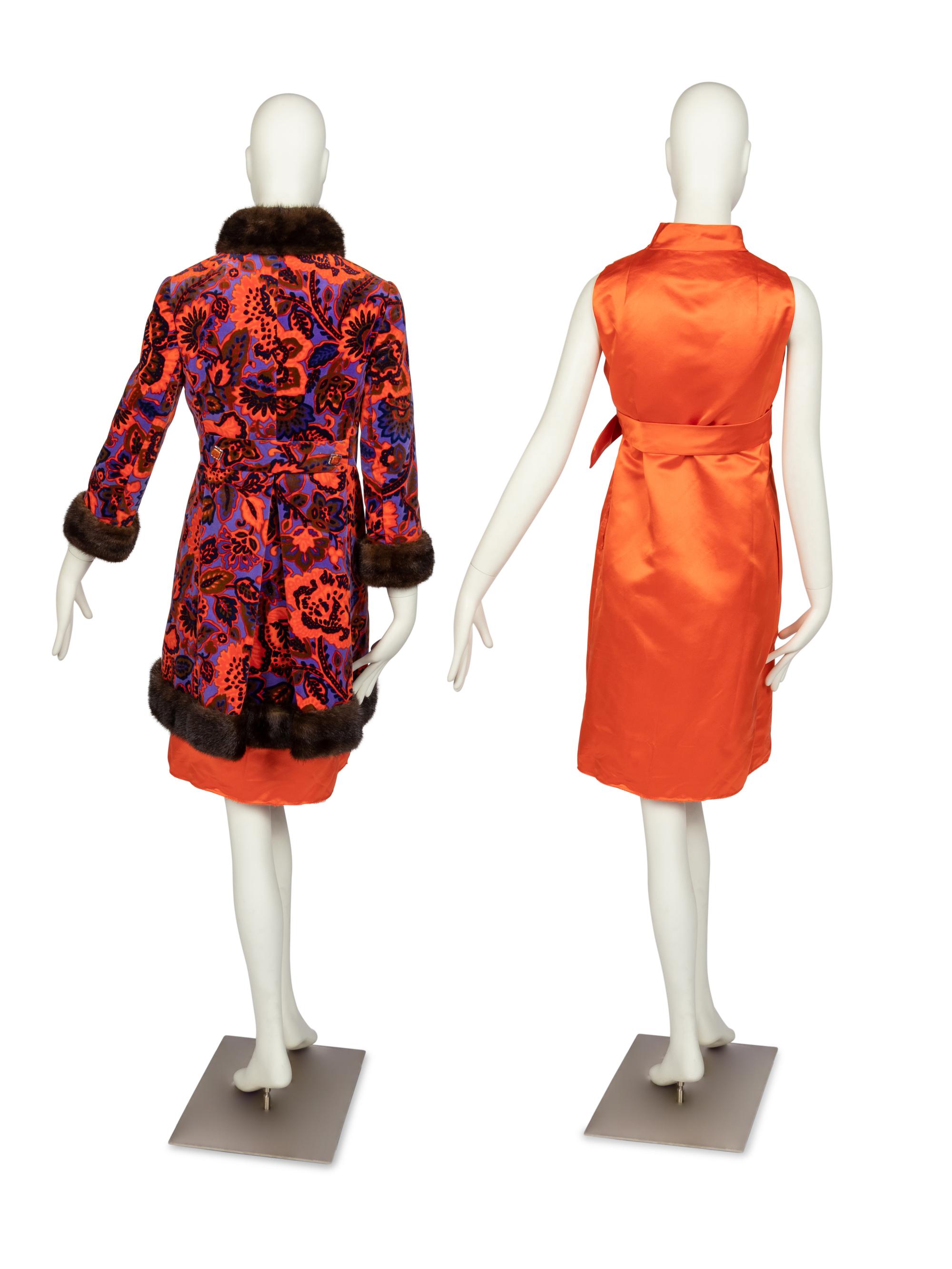 Bill Blass for Maurice Rentner Floral Velvet Coat & Dress Ensemble with Mink Trim, 1960s