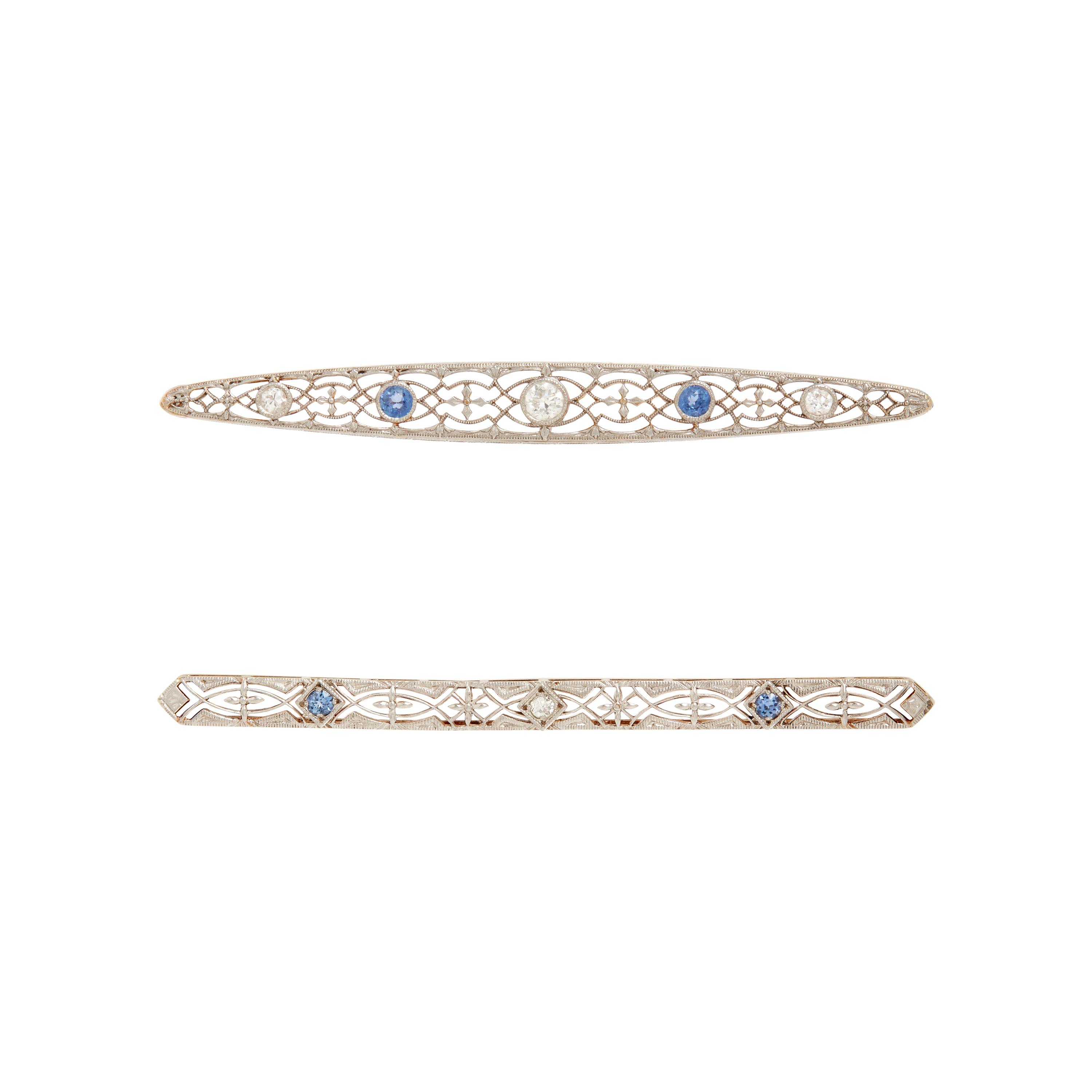 COLLECTION OF PLATINUM TOPPED YELLOW GOLD, SAPPHIRE, AND DIAMOND BAR PINS