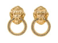 A Pair of Goldtone Lion Earclips, 2" x 1.25".