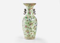 A Chinese famille-rose decorated molded celadon ground vase, 19th century 粉青地粉彩模印貫耳瓶 十九世紀