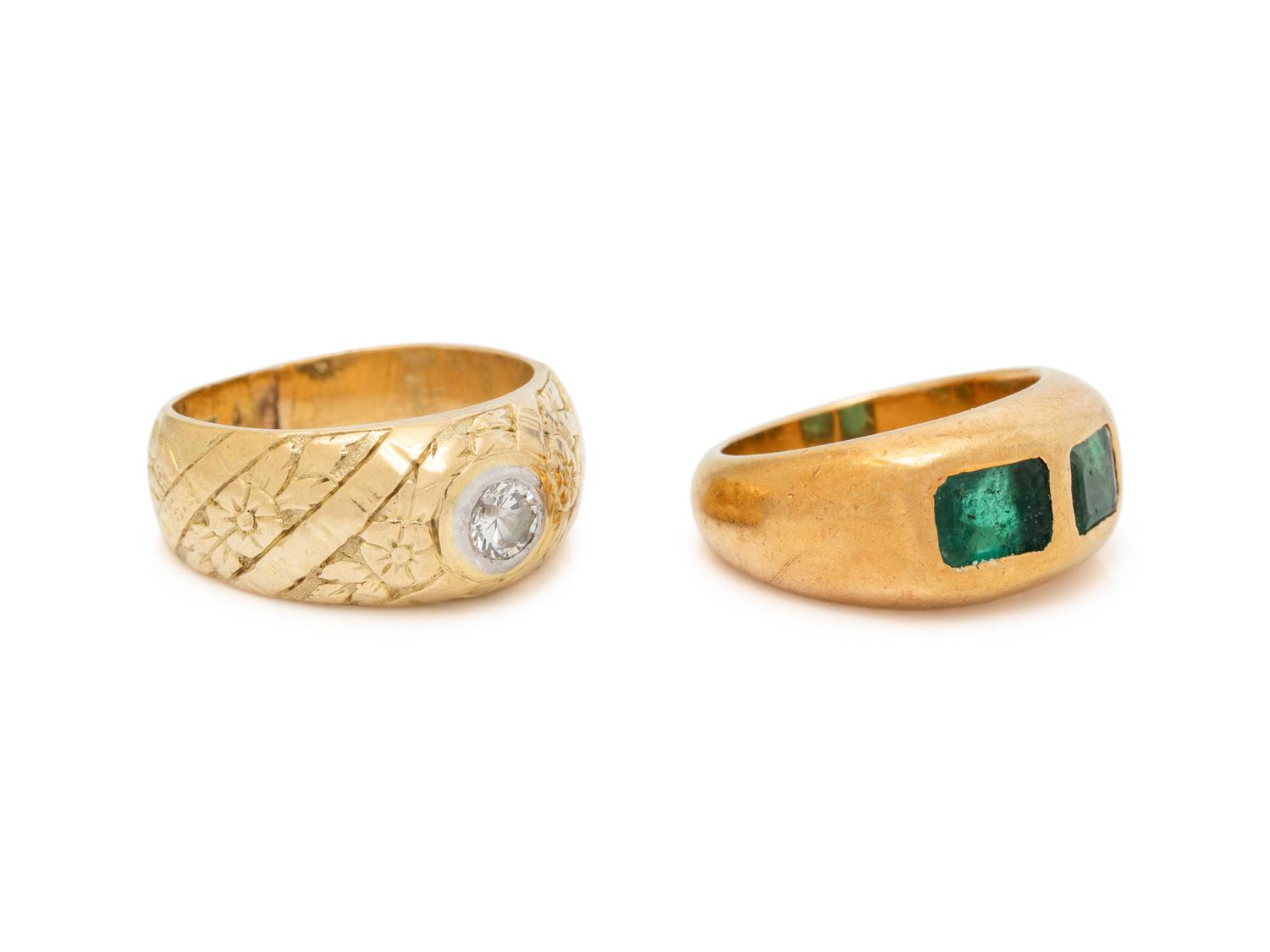 TWO YELLOW GOLD AND GEMSTONE RINGS