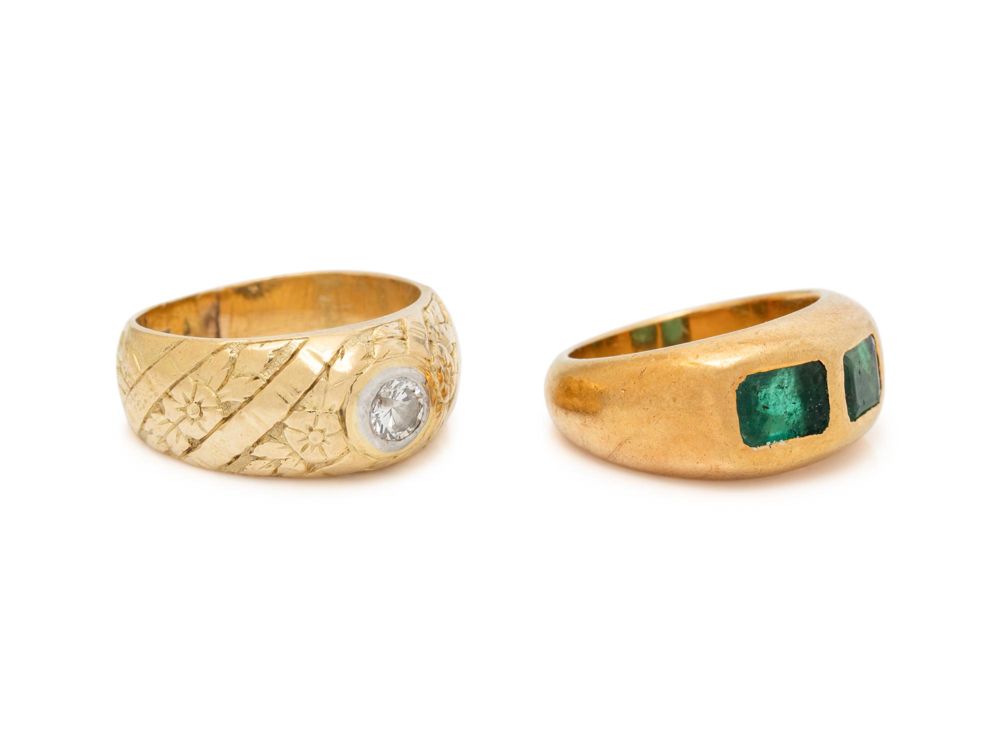 TWO YELLOW GOLD AND GEMSTONE RINGS