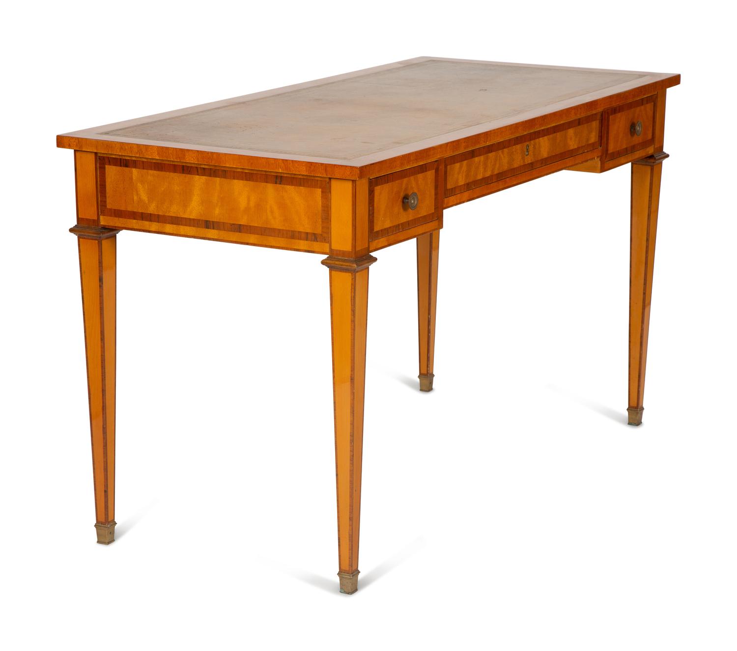 A Louis Philippe Style Satinwood Inlaid Leather Top Writing Desk — 20th Century