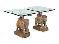 A Pair of Thai Carved Wood Elephant-form Glass Top Side Tables — 20TH CENTURY