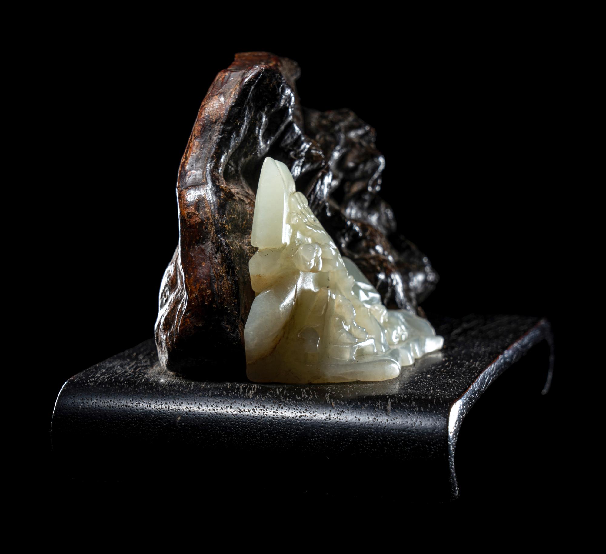 A Carved Celadon Jade and Rootwood Mountain