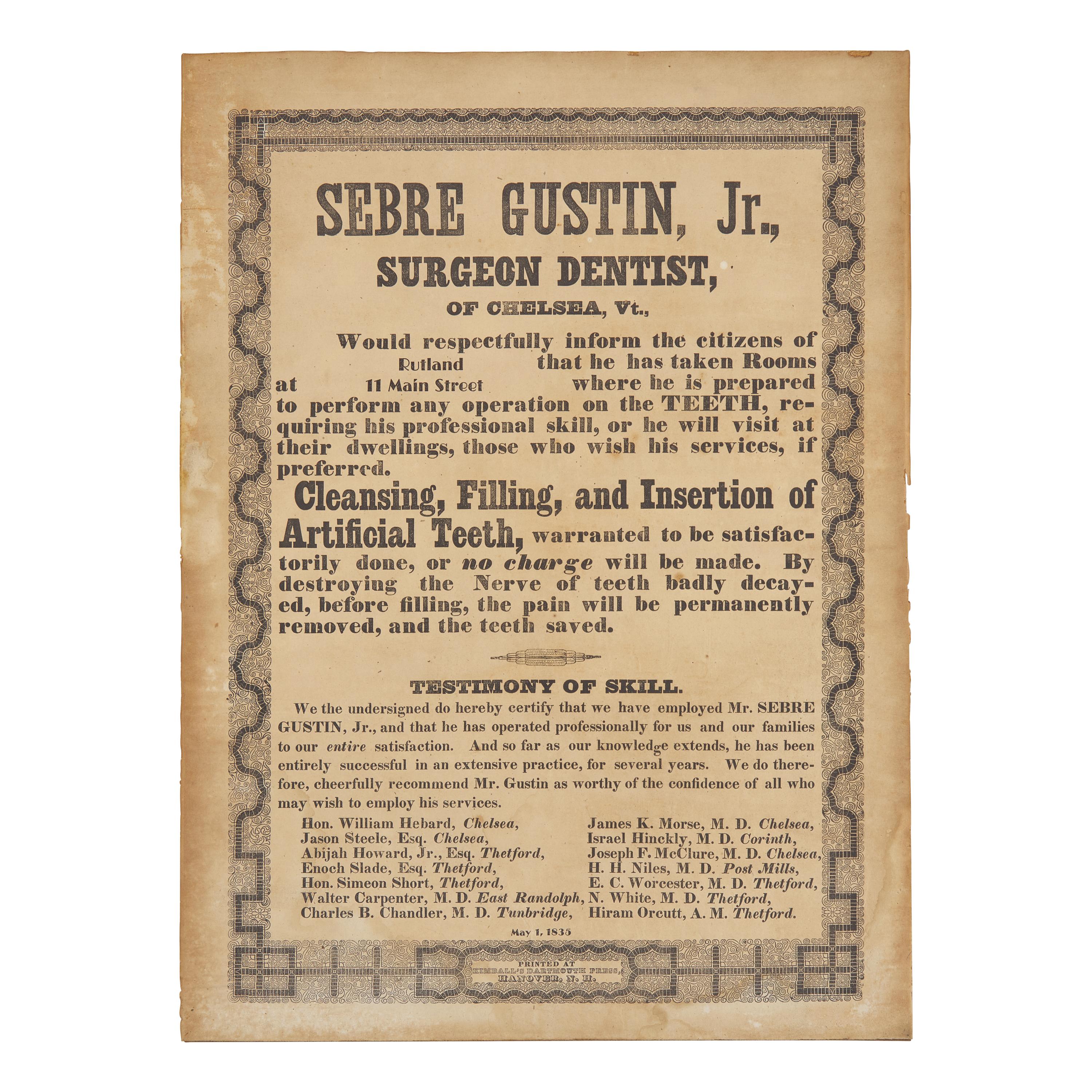 [Early American Trades] Early Printed Broadside for a Vermont Dentist