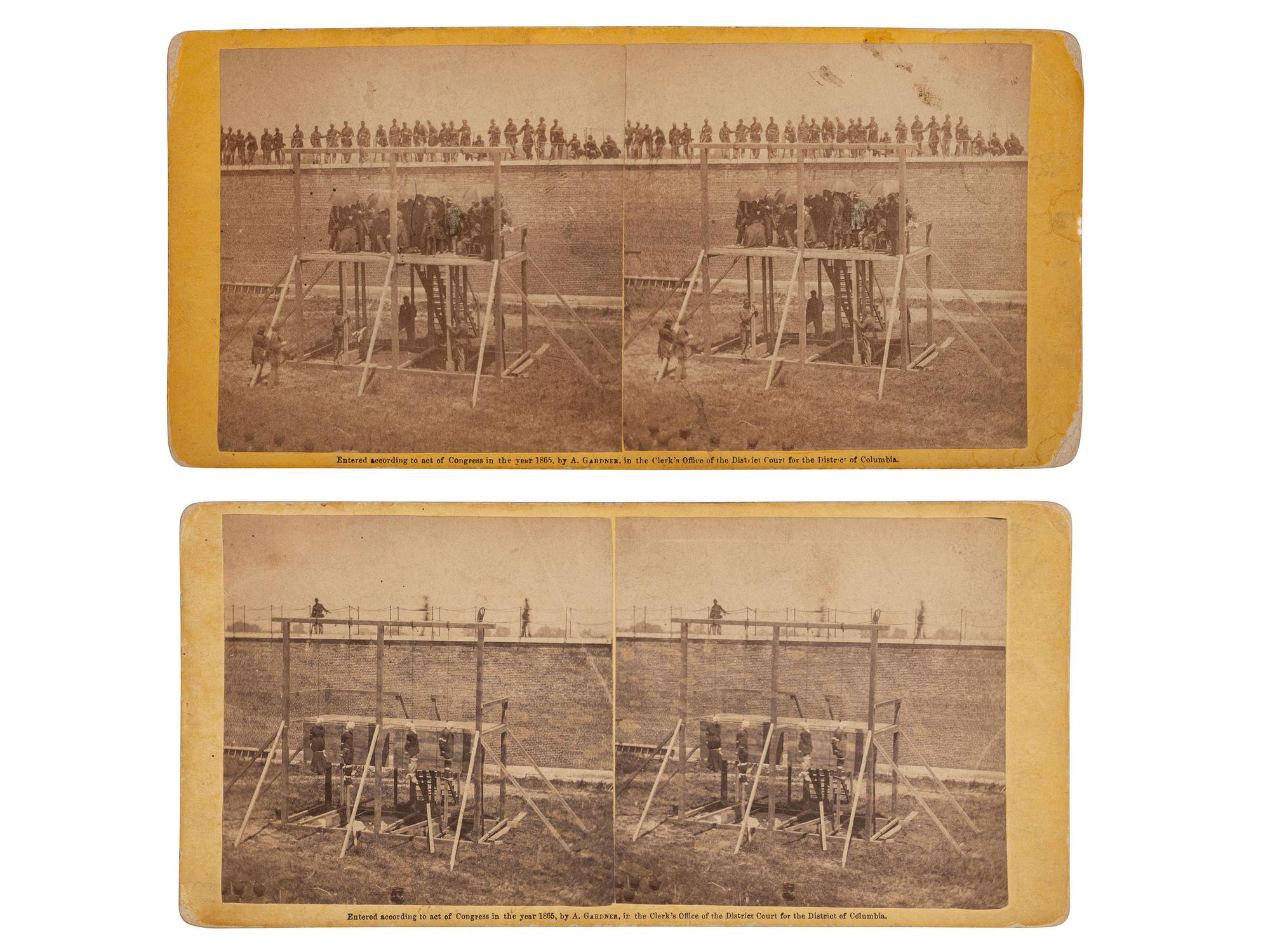 [LINCOLN ASSASSINATION]. GARDNER, Alexander (1821-1882), photographer. Pair of stereoviews of the Execution of the Conspirators. Washington: Philp & Solomons, ca 1865.