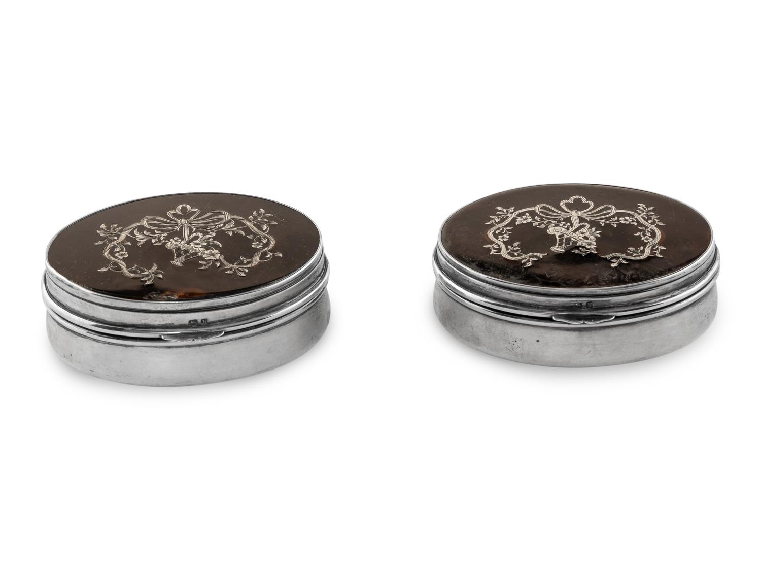 A Pair of English Silver and Tortoise-Shell Mounted Dresser Boxes