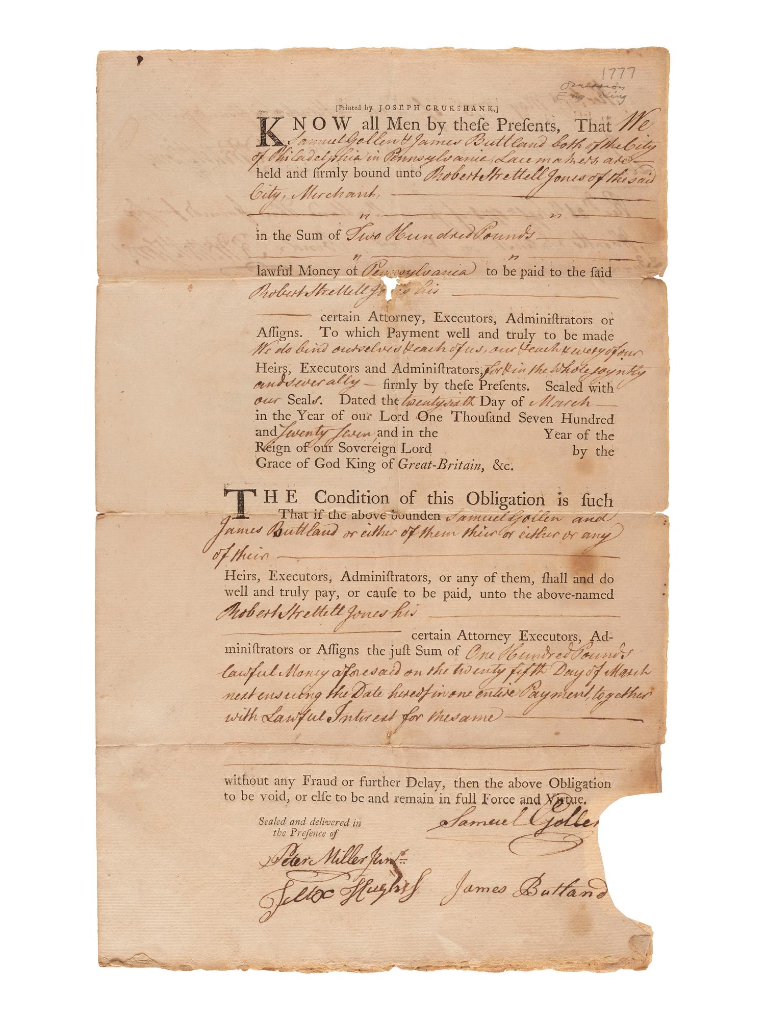 [PENNSYLVANIA]. Warrant for a list of men eligible for militia service in Philadelphia, PA. 23 April 1788.