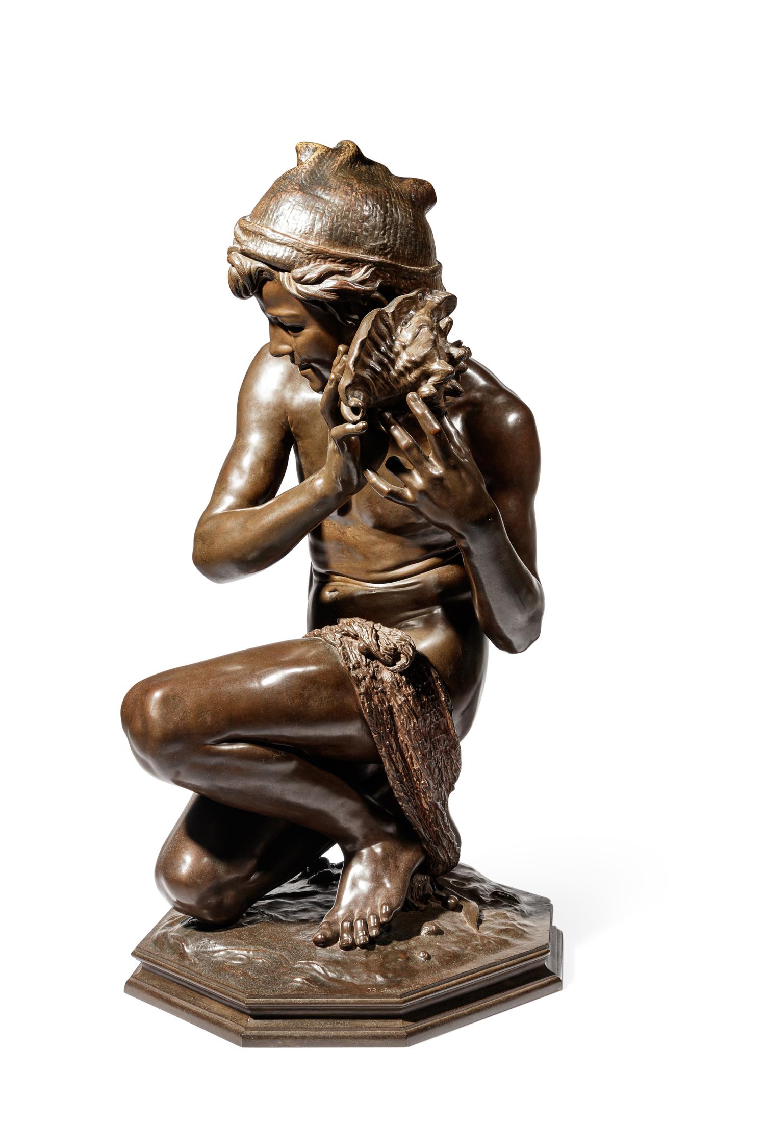 Jean-Baptiste Carpeaux (French, 1827-1875) | 19th Century | Le jeune pêcheur à la coquille | bronze | signed JB Carpeaux and with Propriété Carpeaux stamp | Height 35 1/2 x width 15 5/8 x depth 18 5/8 inches.