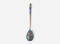 A cased set of six Russian silver gilt and shaded enamel spoons, maker's mark indistinct, Assay master Anatoly Apollonovich Artsybashev, Moscow, 1894