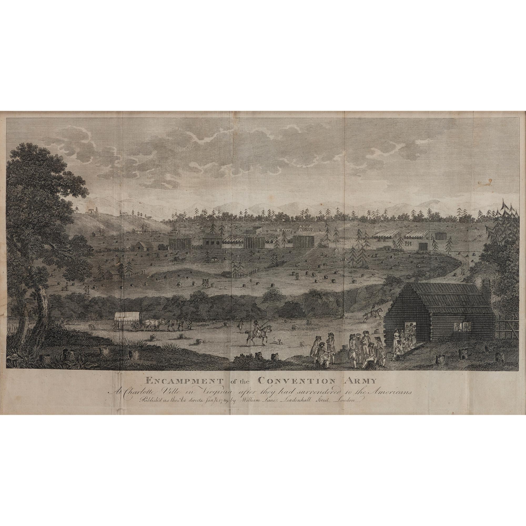 [REVOLUTIONARY WAR]. Encampment of the Convention Army At Charlotte Ville in Virginia after they had surrendered to the Americans . London: William Lane, January 1789.