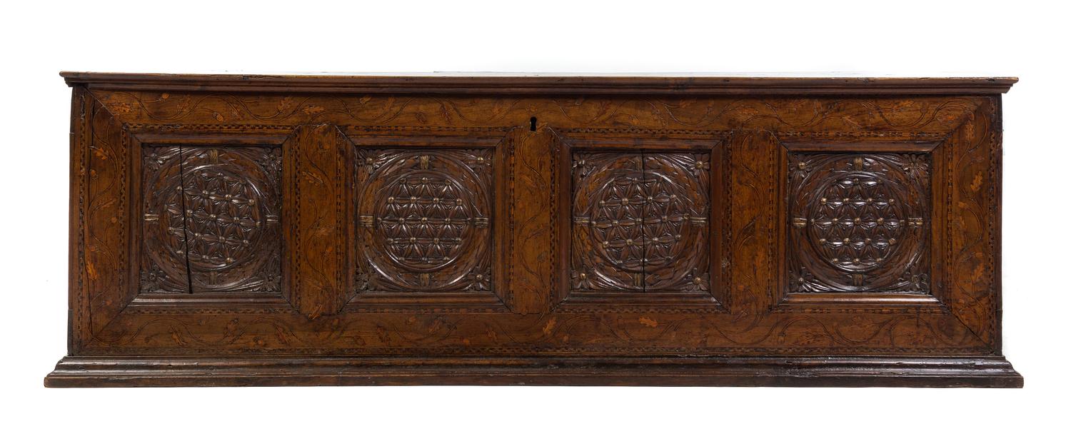A Pair of Italian Walnut and Marquetry Cassoni Height 26 3/4 x width 76 1/2 x depth 22 1/2 inches. — INCORPORATING VARIOUS ELEMENTS