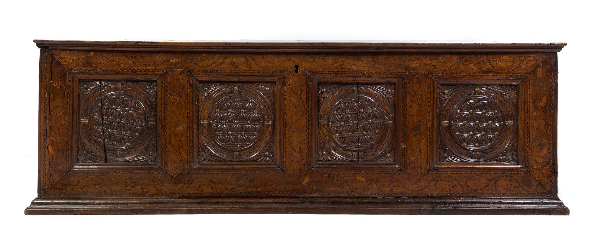 A Pair of Italian Walnut and Marquetry Cassoni Height 26 3/4 x width 76 1/2 x depth 22 1/2 inches. — INCORPORATING VARIOUS ELEMENTS