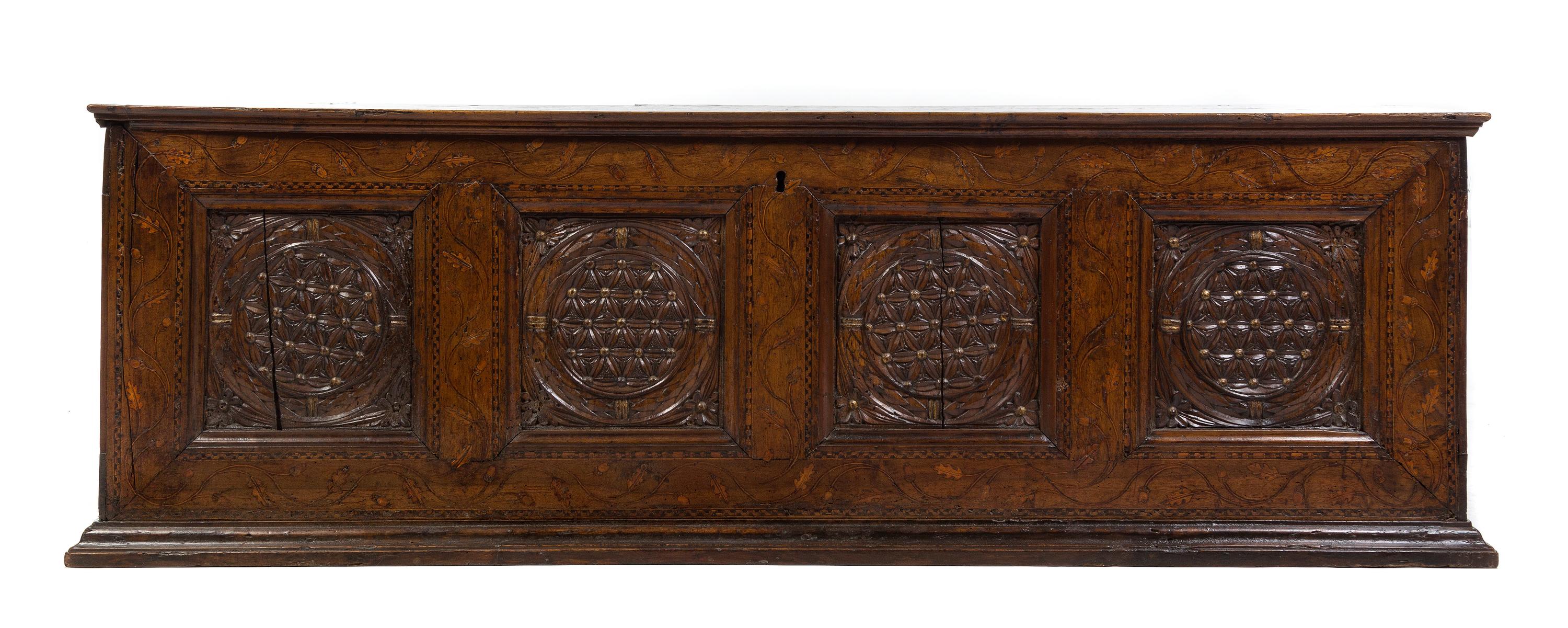 A Pair of Italian Walnut and Marquetry Cassoni Height 26 3/4 x width 76 1/2 x depth 22 1/2 inches. — INCORPORATING VARIOUS ELEMENTS