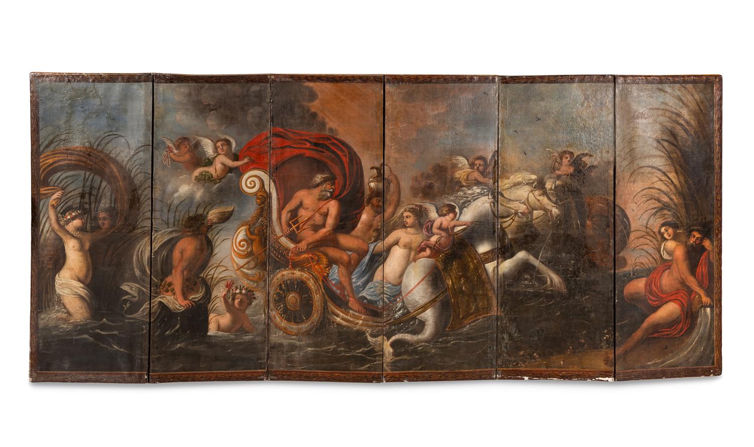 An Italian Baroque Six-Panel Painted Floor Screen