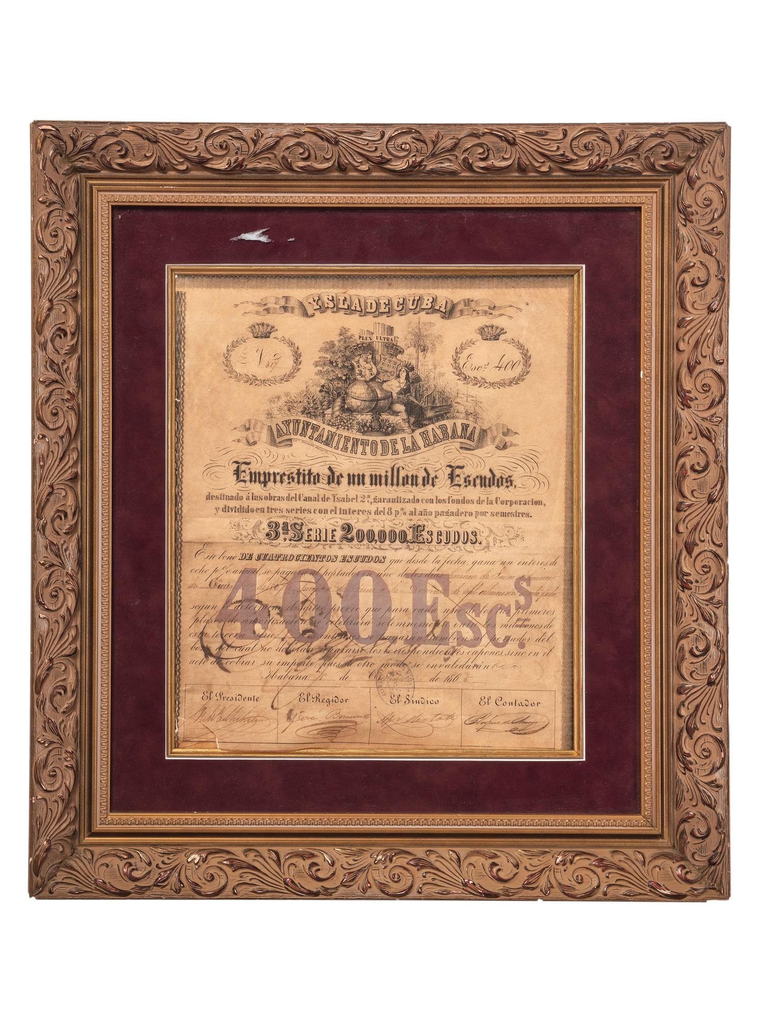 [CURRENCY]. Cuban stock certificate for 400 escudos. Havana, Cuba, 10 December 1865.