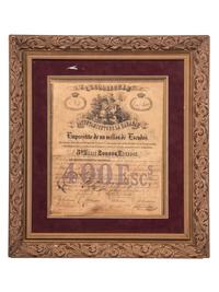 [CURRENCY]. Cuban stock certificate for 400 escudos. Havana, Cuba, 10 December 1865.