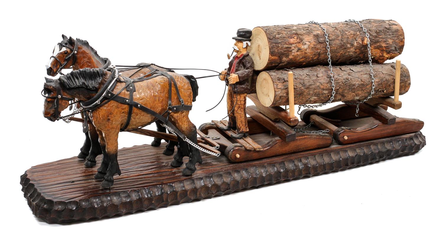 A Carved Wood Sculpture Depicting Draft Horses Pulling a Logging Sled and Driver. Height 11 1/2 x width 8 x depth 34 inches.