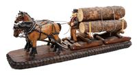 A Carved Wood Sculpture Depicting Draft Horses Pulling a Logging Sled and Driver. Height 11 1/2 x width 8 x depth 34 inches.