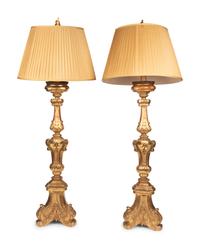 A Pair of Italian Giltwood Prickets Mounted as Lamps