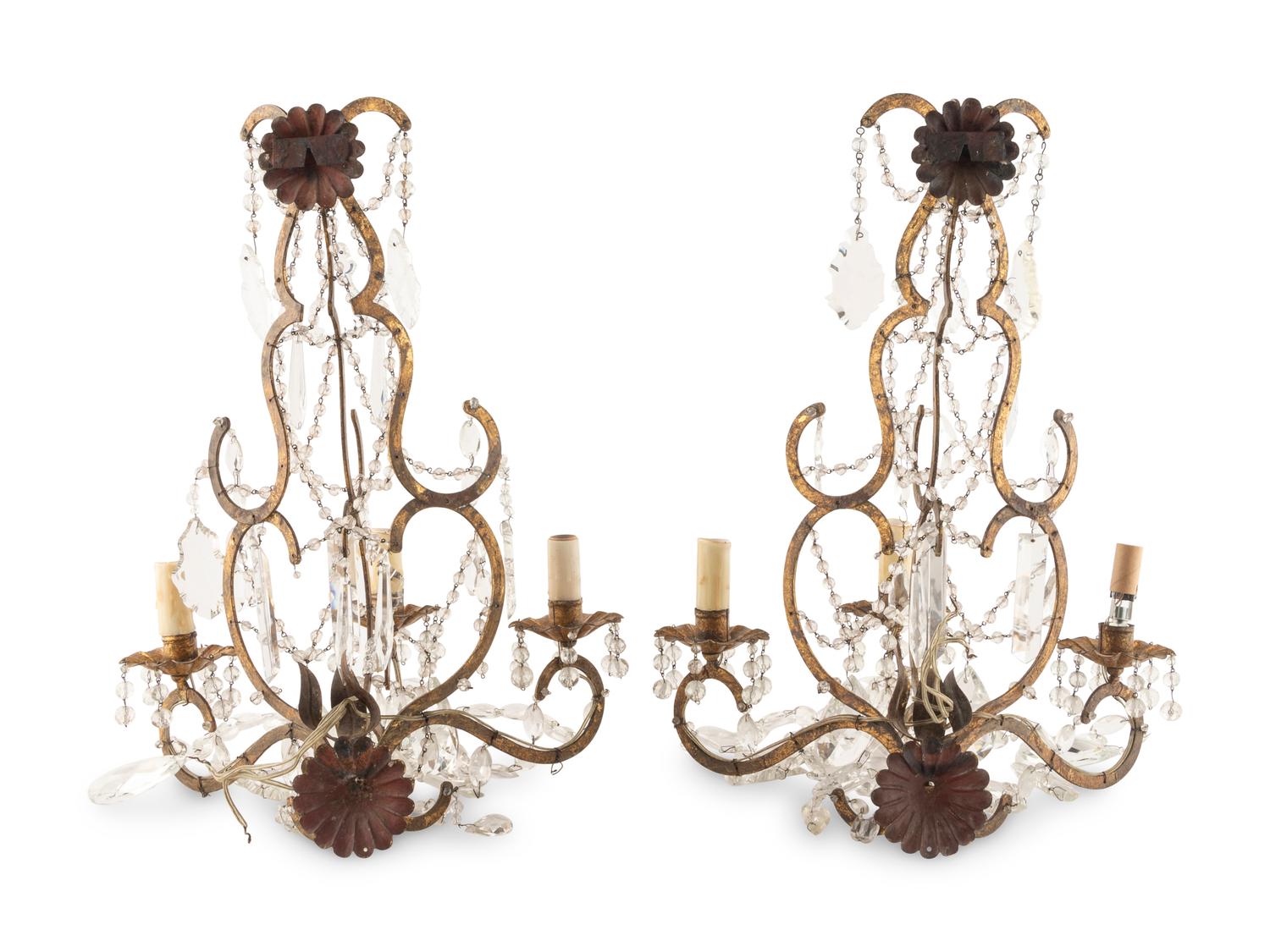 A Pair of Italian Gilt Metal Three-Light Sconces